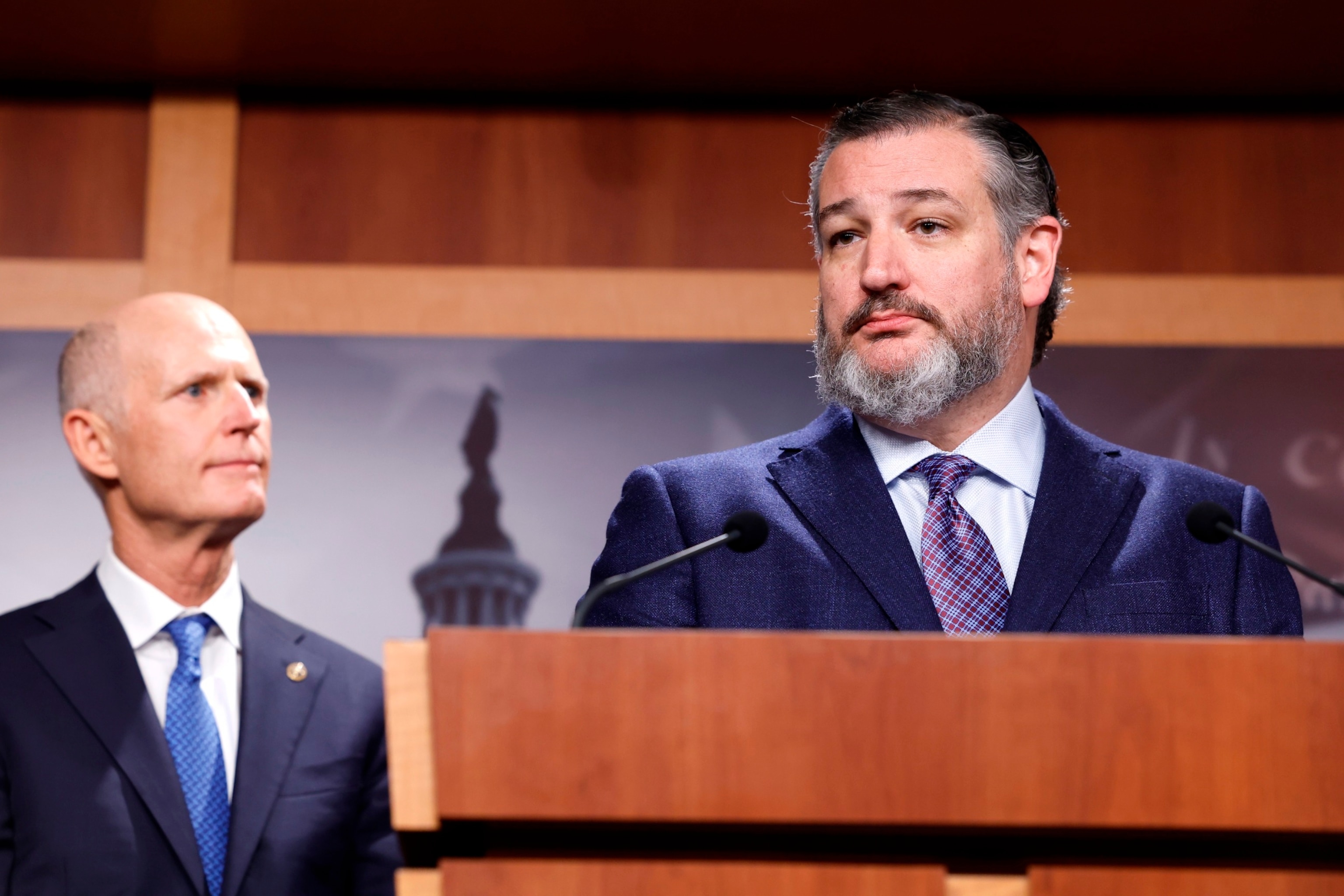 PHOTO: Sen. Ted Cruz (R-TX) speaks during a news conference alongside Sen. Rick Scott (R-FL) at the Capitol Building on Jan. 25, 2023 in Washington, DC. 